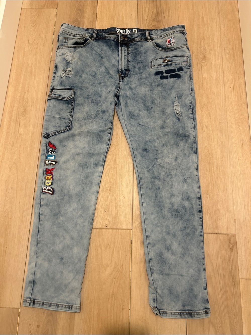 Born Fly Men’s Vtg Y2K Acid Wash Distressed Embroidered Patch Jeans Size 42